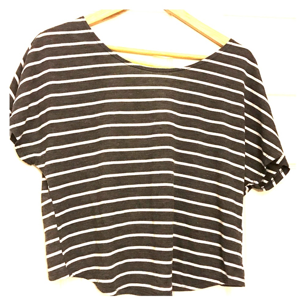 Grey and white striped top with open back
